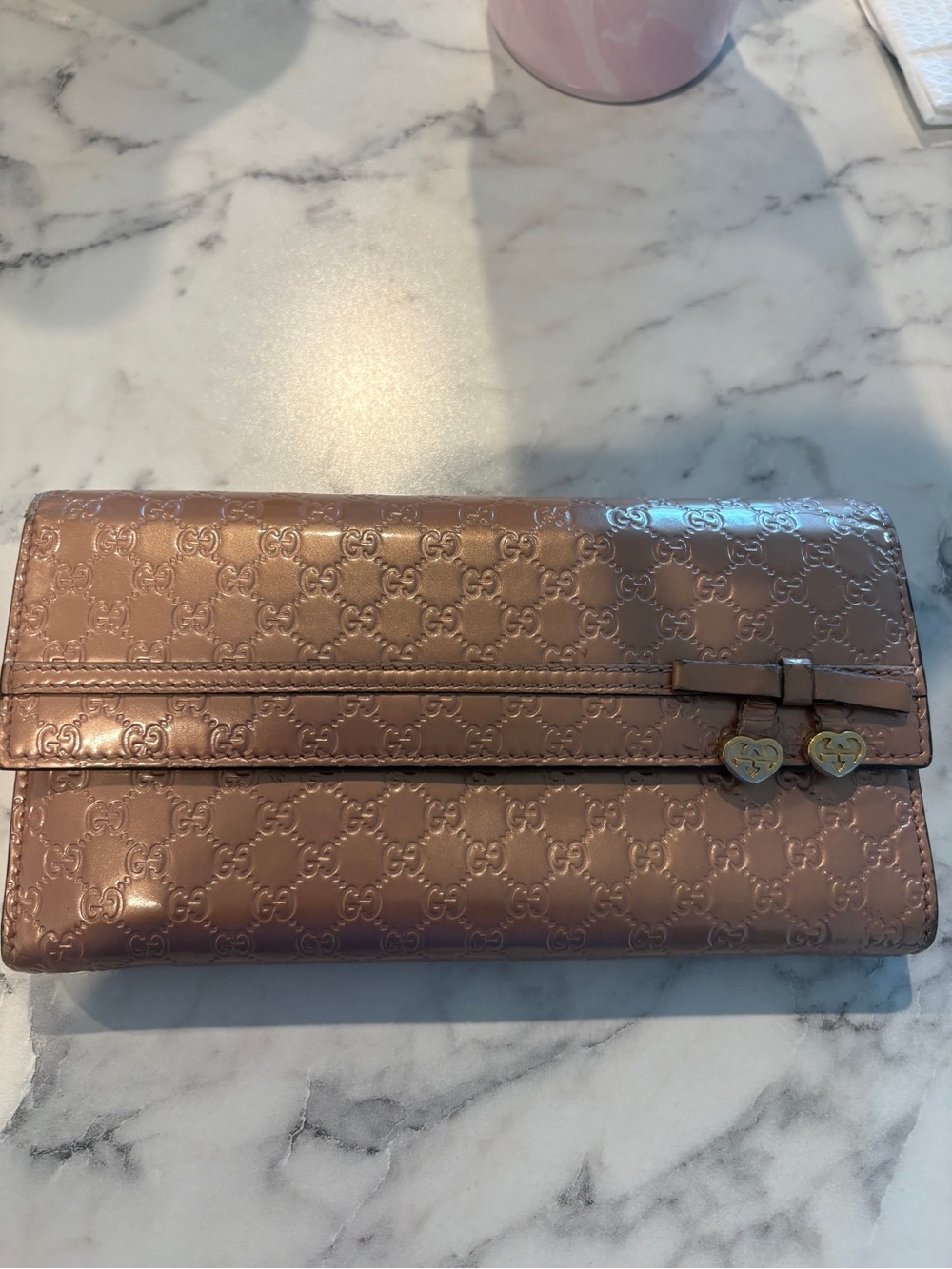 Gucci Rose Patent Leather Continental Wallet with Heart Charms